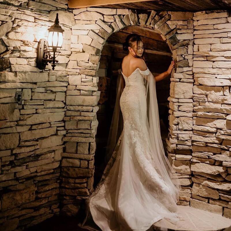 A bride facing away from the camera, standing on a stone staircase in a historic Knoxville wedding venue